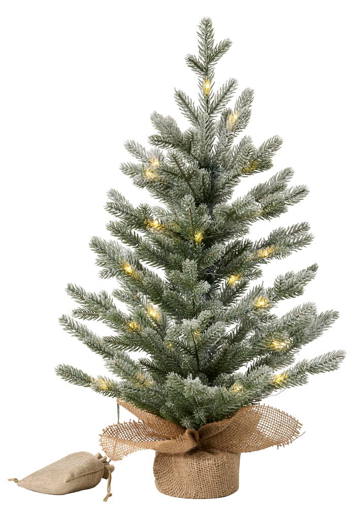 Beflockter, vorbeleuchteter Deko-Weihnachtsbaum Tydal 60 cm, 30 LED mit Jutesackbasis und kleinem leeren Jutesack.