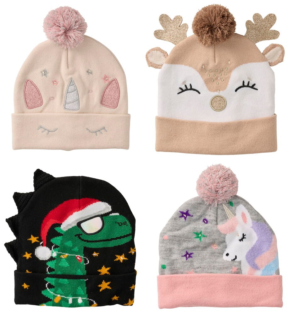 Schwarze Mütze LED mit Dinosaurier, Weihnachtsmütze und Weihnachtsbaum; dazu hellrosa Einhorn, beige Rentier und graue Einhorn-Mützen.