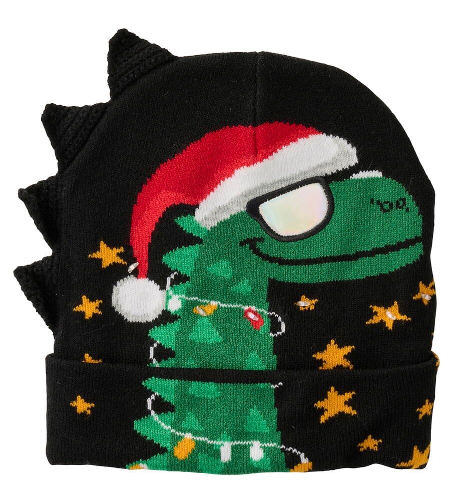 Schwarze Mütze LED mit grünem Dinosaurier, Weihnachtsmütze, Sonnenbrille, Lichterkette, gelben Sternen und 3D-Spitzen.