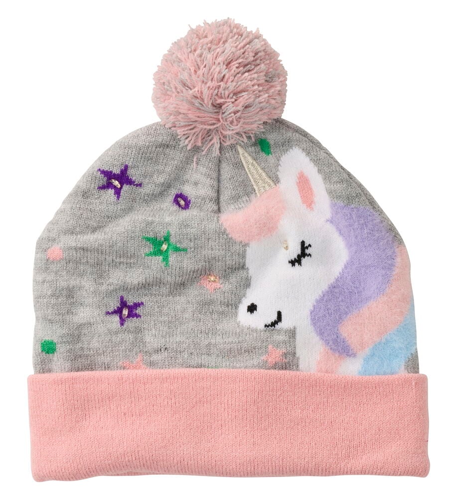 Eine graue Mütze LED für Kinder mit rosa Umschlag, rosa Bommel und Einhornmotiv mit Sternen.
