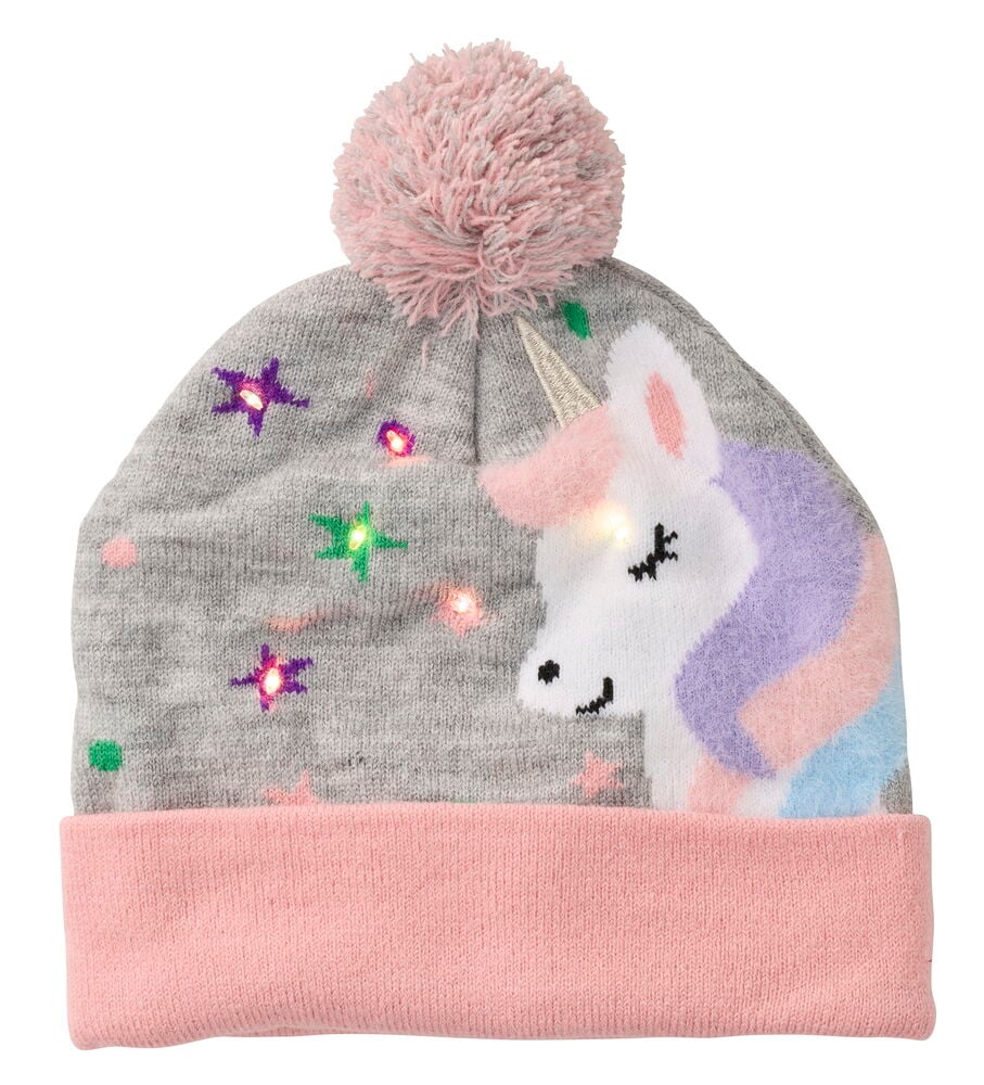 Mütze LED: Graue Strickmütze mit rosa Krempe, rosa Bommel, leuchtendem Einhorn und glühenden Sternen.