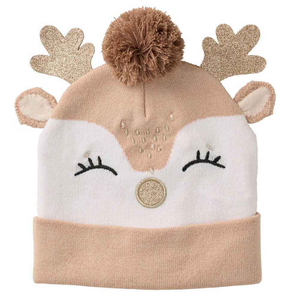 Baby Rentier Mütze LED, beige und weiß mit Glitzergeweih, braunem Pom-Pom, gestickten Augen und goldener Nase.