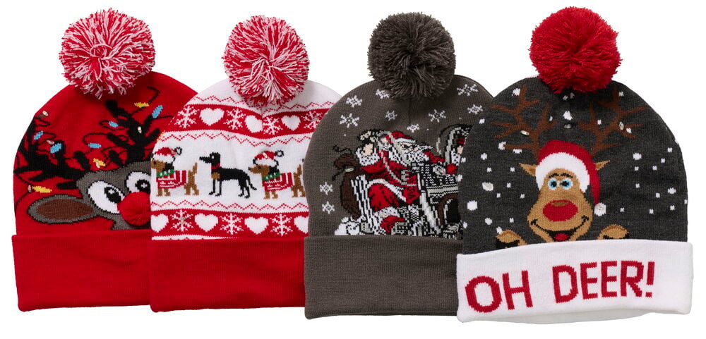 Vier gestrickte Mütze LED Weihnachten: rotes Rentier, weißer Hund, grauer Santa Motorrad und graues Rentier 'OH DEER!'.