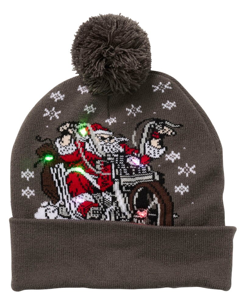 Braune Strickmütze LED Weihnachten mit Bommel zeigt pixeligen Weihnachtsmann auf Motorrad mit bunten Lichtern und Schneeflocken.