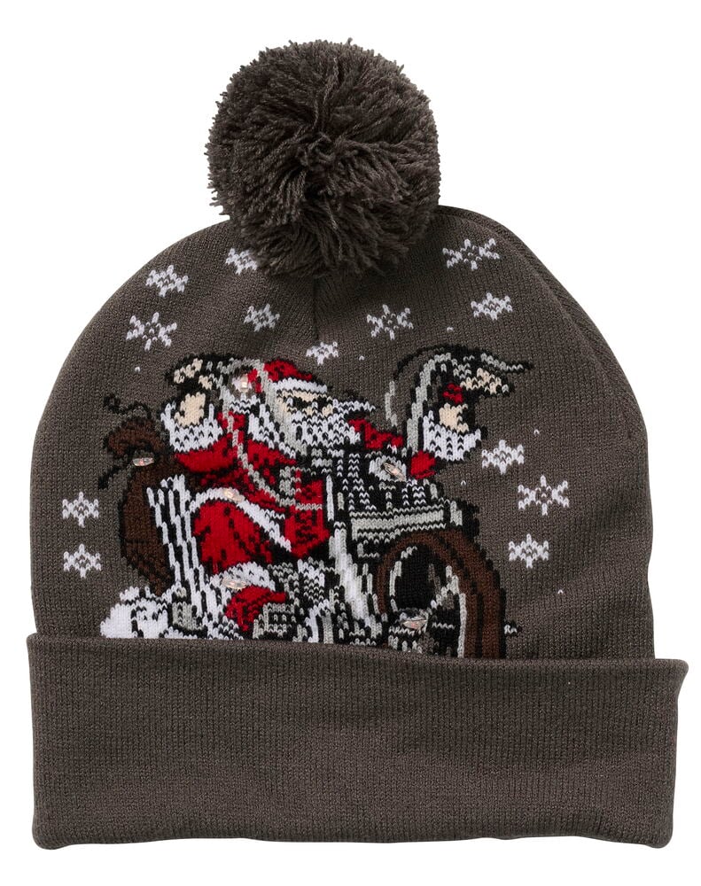 Graue gestrickte Weihnachtsmütze mit Bommel, mit einem pixeligen Weihnachtsmann auf Motorrad und weißen Schneeflocken.