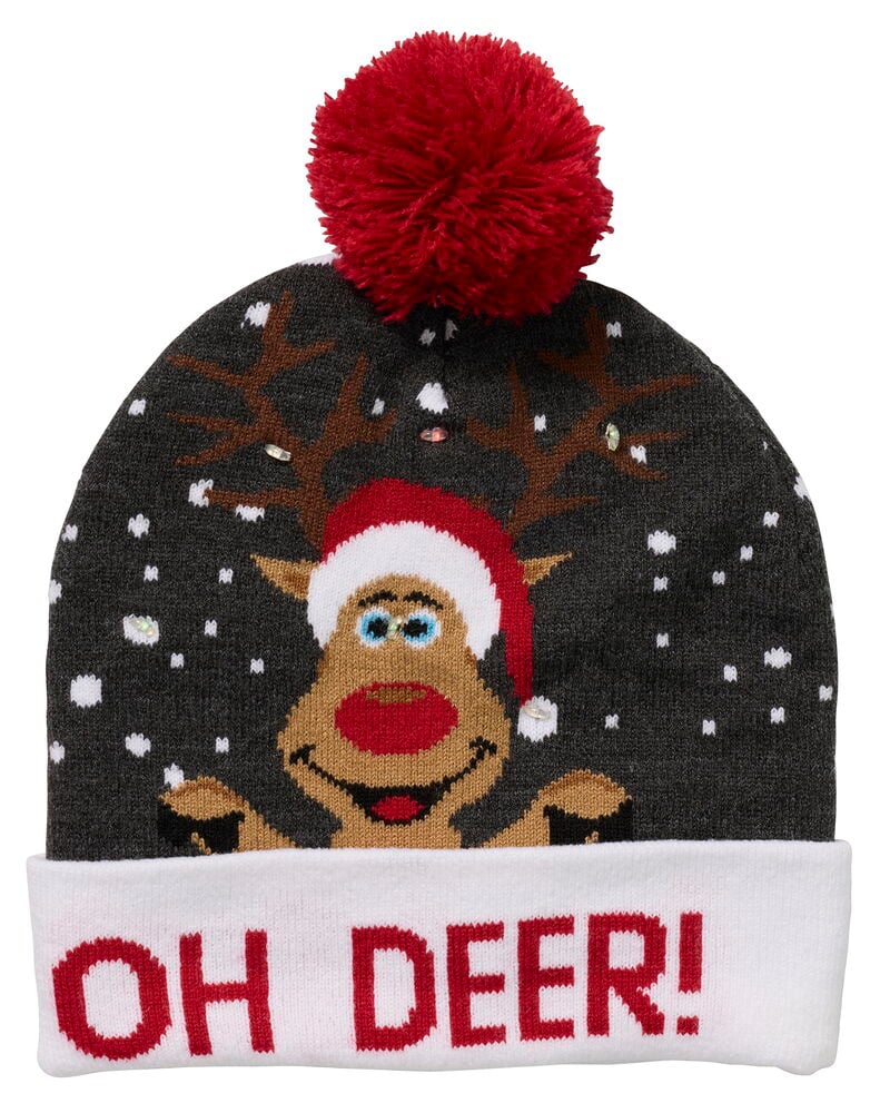 Eine graue gestrickte LED Weihnachtsmütze mit Rentier, rotem Bommel, Schneeflocken und 'OH DEER!'-Text.