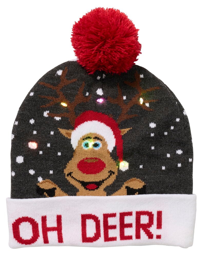 Eine graue gestrickte Mütze LED Weihnachten mit rotem Bommel, Rentier-Motiv, bunten LEDs und "OH DEER!" Schriftzug.