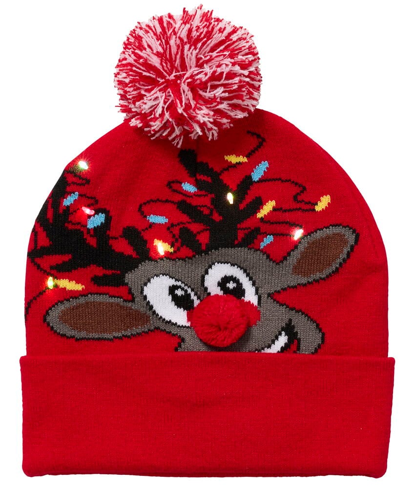 Rote Strickmütze LED Weihnachten mit Rentiergesicht, roter Bommel-Nase und leuchtenden bunten Weihnachtslichtern am Geweih.