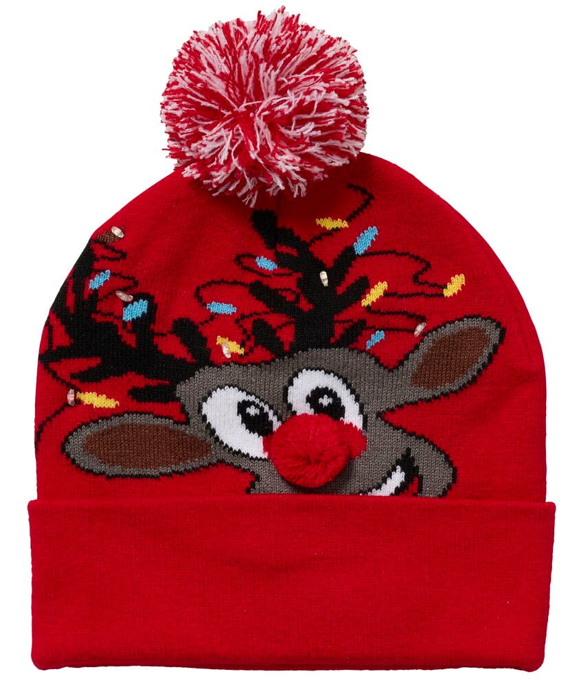 Rote gestrickte Mütze LED Weihnachten mit Rentiergesicht, Lichterkette, 3D-Pomponnase und rot-weißem Bommel.