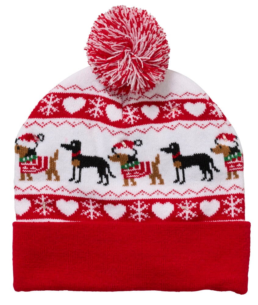 Weiß-rote gestrickte Mütze LED Weihnachten mit Dackeln, Schneeflocken, Herzen und rotem Bommel.