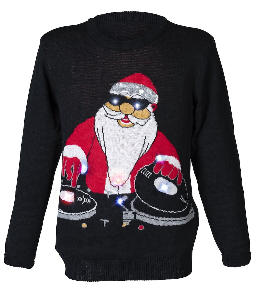 Svart LED-julegenser med Disco Santa-motiv og lange ermer, vist forfra.