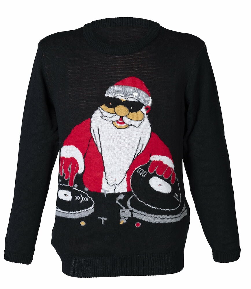 Svart julegenser med Disco Santa-motiv som har solbriller og spiller plater på platespillere, forfra.