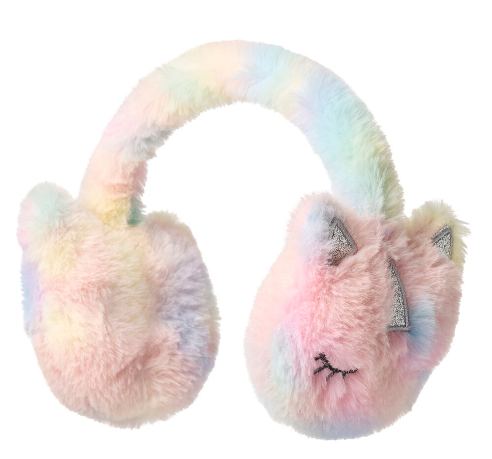 Ohrenwärmer Mixed: Flauschige pastellfarbene Regenbogen-Ohrenwärmer mit Glitzer-Katzenohren und einem gestickten geschlossenen Auge.