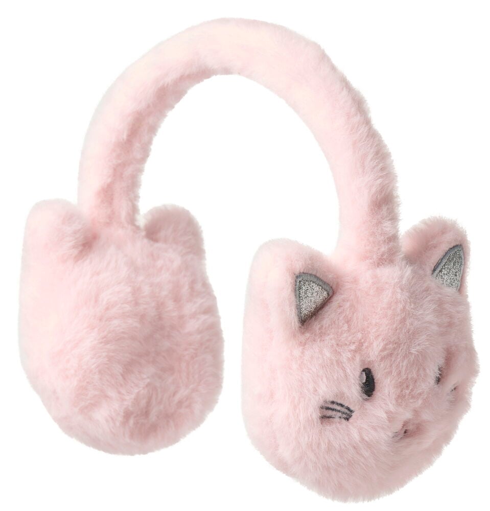 Rosa flauschige Katzen Ohrenwärmer Mixed mit grauen Glitzerohren, gesticktem Gesicht und schlichter Ohrmuschel.