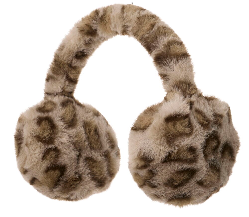 Mixed braun-beige leopardgemusterte Kunstfell Ohrenwärmer mit runden Ohrmuscheln und einem Verbindungsbügel, Vorderansicht.