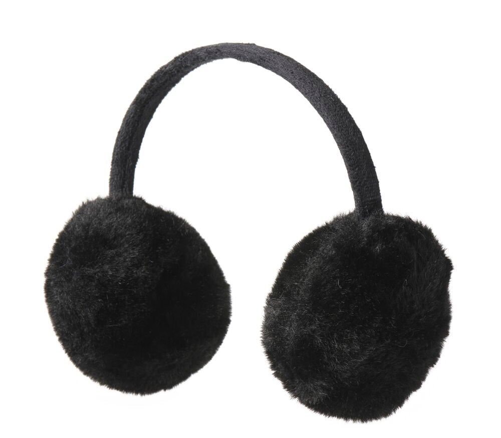 Schwarze flauschige Ohrenwärmer mit schwarzem Strick-Kopfbügel, Vorderansicht.