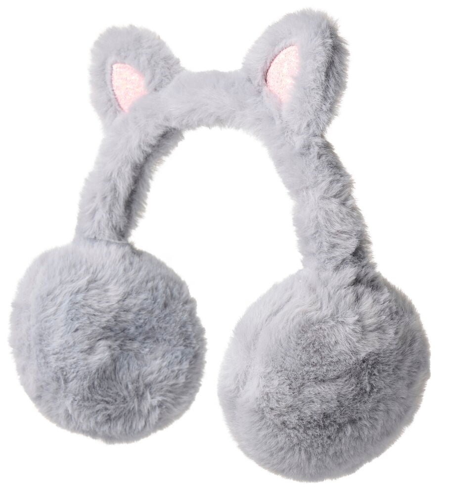 Graue, flauschige Ohrenwärmer mit rosa Glitzer-Katzenohren.