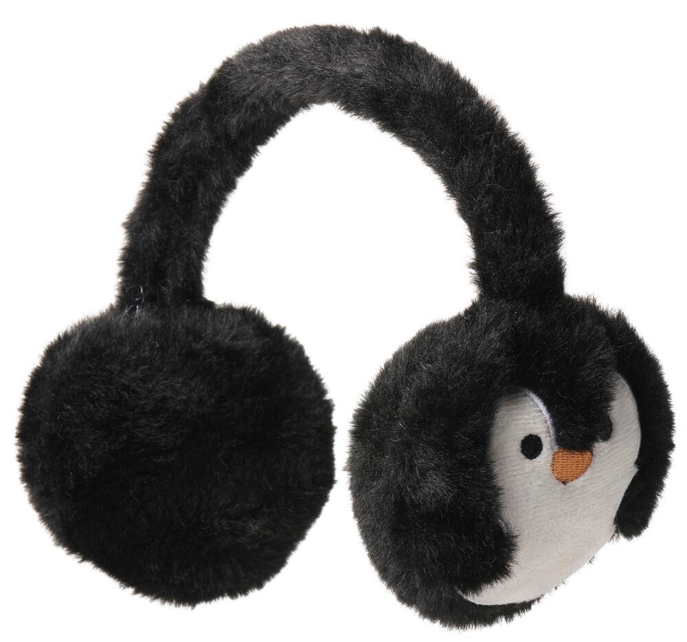Schwarze flauschige Ohrenwärmer, eine Ohrmuschel mit weißem Pinguingesicht und orangefarbenem Schnabel.