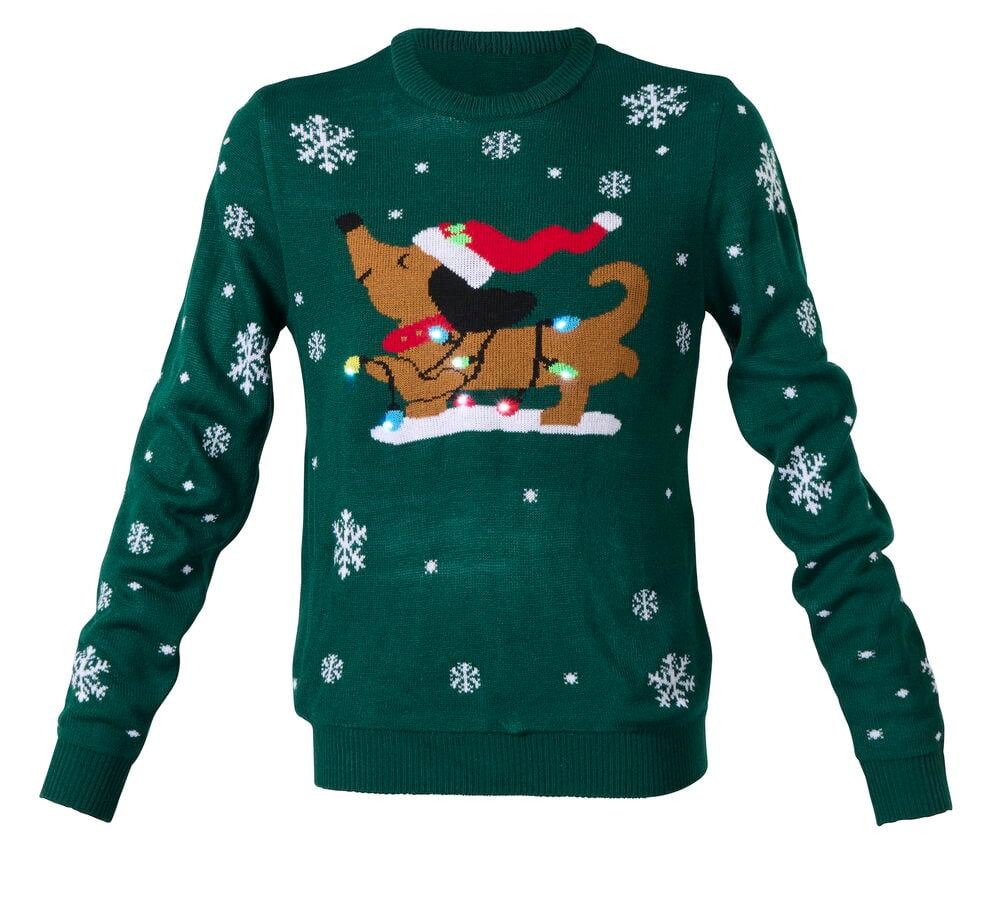 Der grüne Weihnachtspullover LED Grün Hund zeigt weiße Schneeflocken und einen Hund mit Weihnachtsmütze und Lichtern.