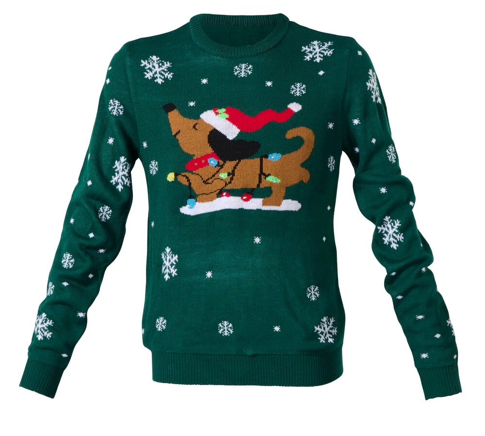 Grüner Weihnachtspullover mit einem Dackel mit Weihnachtsmütze, umwickelt mit bunten Lichtern und Schneeflocken, Vorderansicht.
