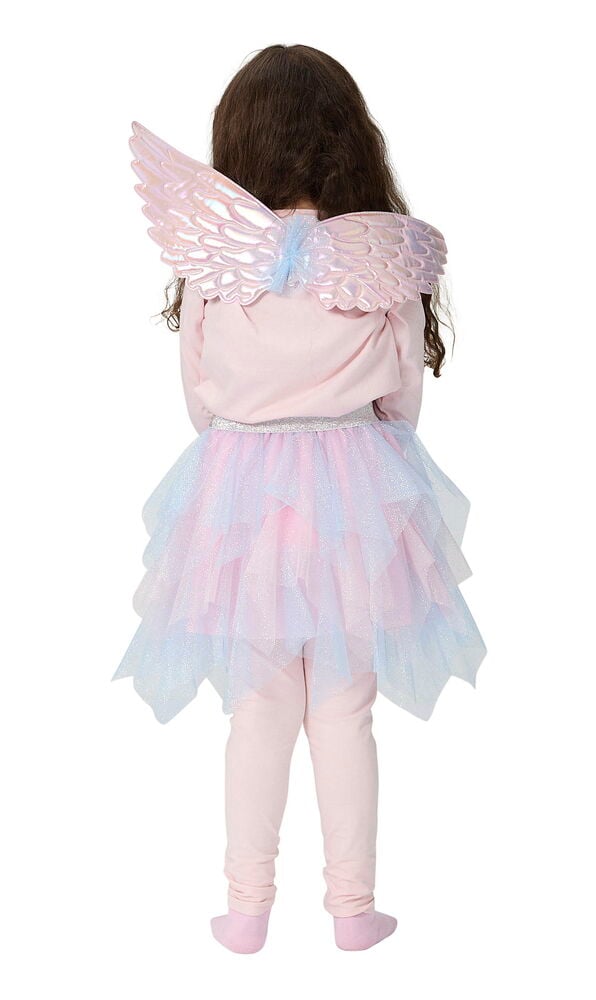 Verkleidungsset, Kinder Einheitsgröße: rosa Oberteil, Leggings, rosa/blau glitzernder Tütü und irisierende rosa Flügel.
