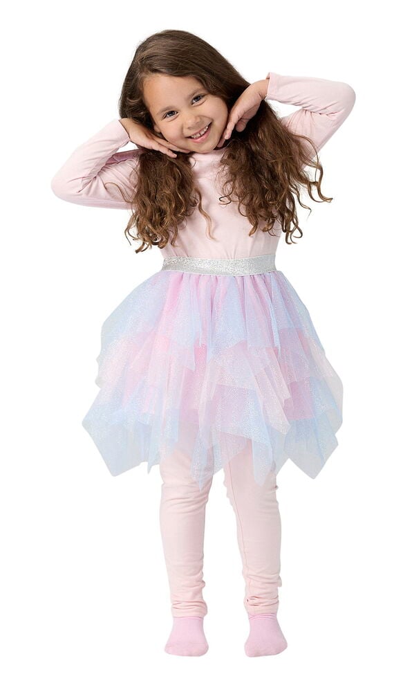 Verkleidungsset, Kinder: rosa Langarmshirt, rosa Leggings und mehrlagiger rosa-blauer Tüllrock.