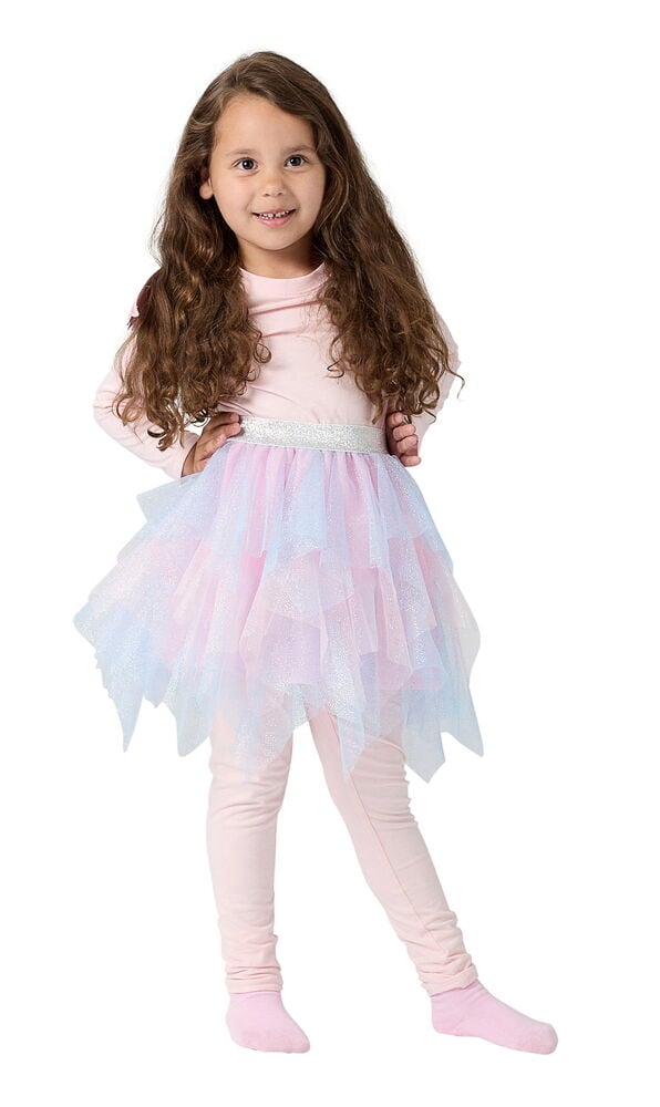 Verkleidungsset, Kinder Einheitsgröße: rosa Oberteil, Leggings und gestufter rosa-blauer Glitzer-Tüllrock an Kind.