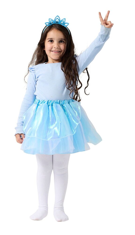 Verkleidungsset, Kinder Einheitsgröße: hellblaues Langarmshirt, schillernder blauer Stufenrock, weiße Strumpfhose, blaue Krone.