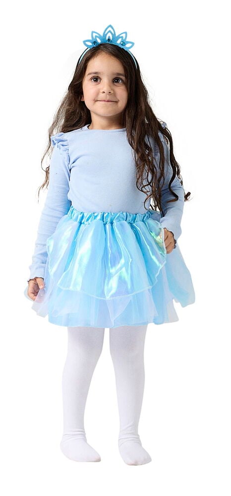 Kinder-Verkleidungsset mit hellblauem Langarmshirt, irisierendem Tüllrock, weißer Strumpfhose und blauer Krone.
