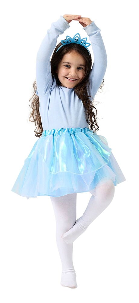 Verkleidungsset, Kinder mit hellblauem Oberteil, glitzerndem Tüllrock, blauer Tiara und weißer Strumpfhose.