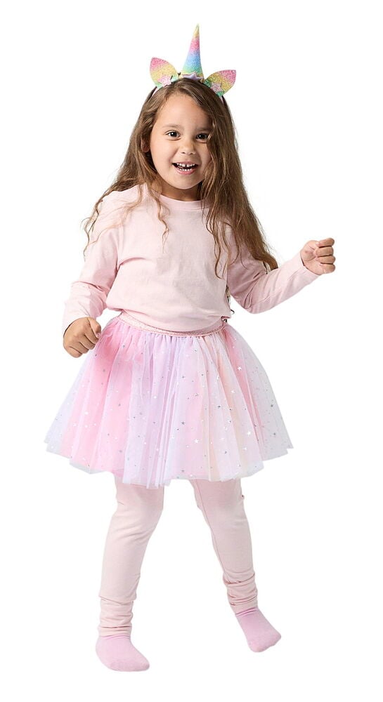 Verkleidungsset, Kinder Einheitsgröße: rosa Langarmtop, glitzernder Regenbogen-Tutu, rosa Leggings, Einhorn-Haarreif.