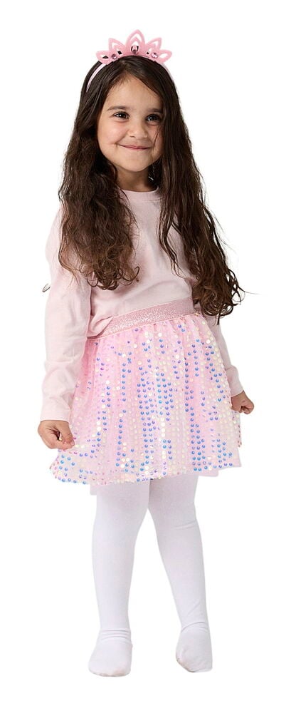 Verkleidungsset, Kinder Einheitsgröße: Kind in pinkem Langarmshirt, pinkem Paillettenrock, pinker Tiara und weißer Strumpfhose.