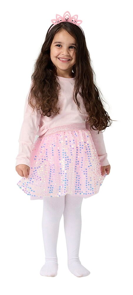 Verkleidungsset, Kinder Einheitsgröße: Kind trägt rosa Kronen-Stirnband, hellrosa Langarmshirt, rosa Paillettenrock und weiße Strumpfhosen.