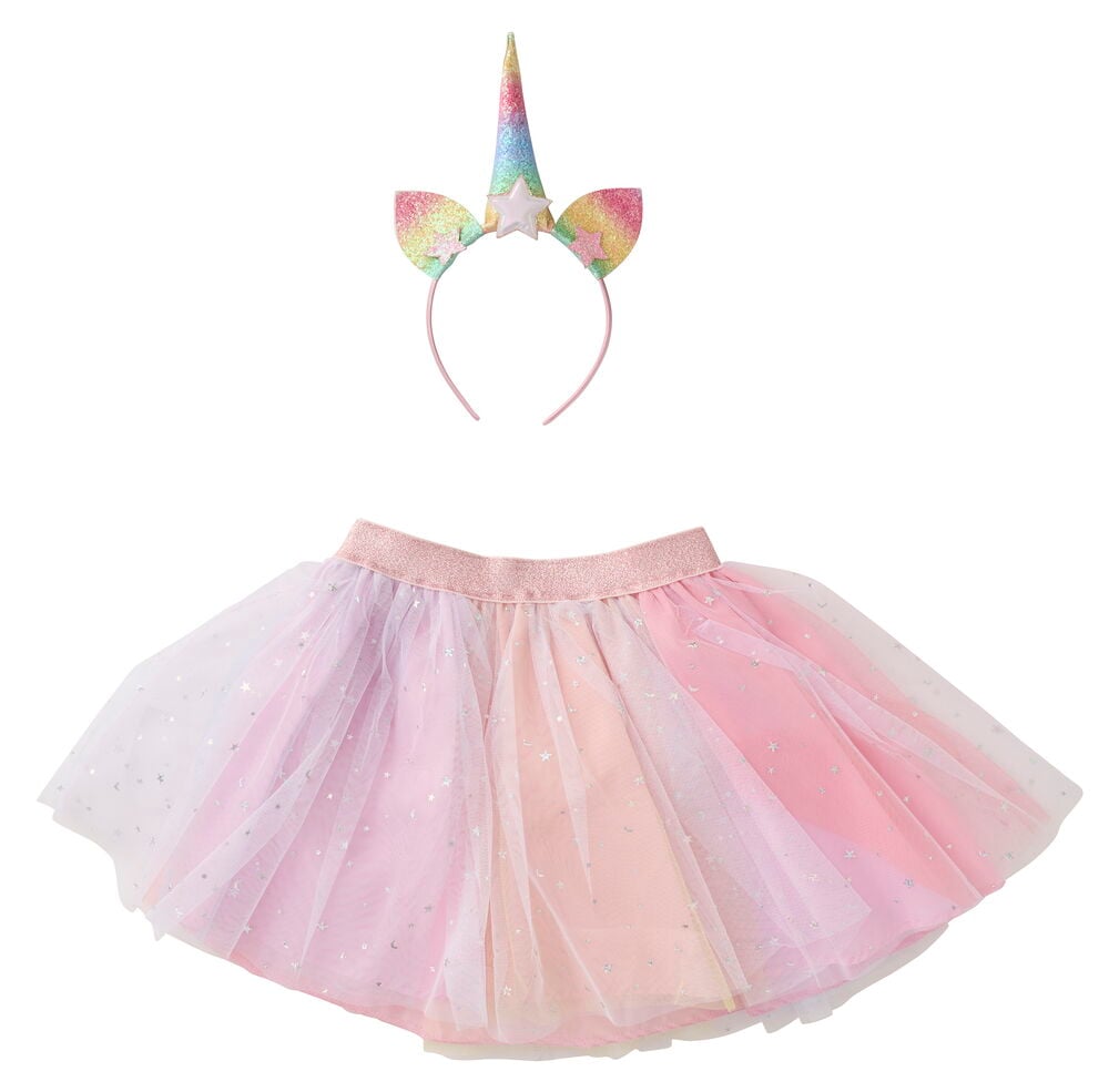 Verkleidungsset, Kinder Einheitsgröße, mit pastellfarbenem Regenbogen-Tüllrock mit Sternen und passendem Einhorn-Haarreif.