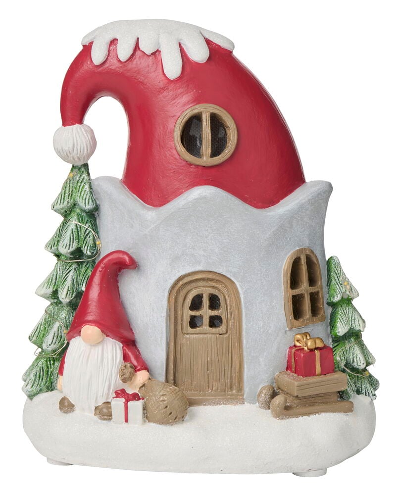 Warmweiß Batteriebetrieben mit Timer Weihnachtswichtelhaus-Dekoration mit Wichtel, Bäumen und Geschenken auf Schneebasis.