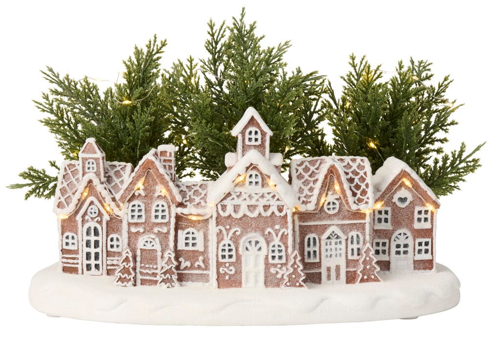 Warmweiß Batteriebetrieben mit Timer Lebkuchenhaus-Dorfdekoration mit Lichtern, Schnee und Bäumen.