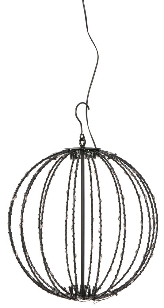 Eine schwarze Dekorationsbeleuchtung Globe Warmweiß aus Metall mit kleinen LED-Lichtern, hängend an Kabel und Haken.