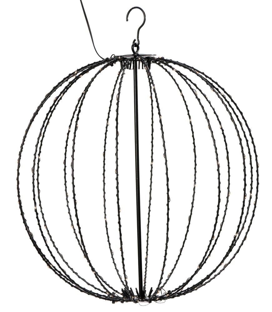 Dekorationsbeleuchtung Globe Warmweiß, eine schwarze Drahtkugel mit warmweißen LEDs und einem Hängehaken auf weißem Hintergrund.