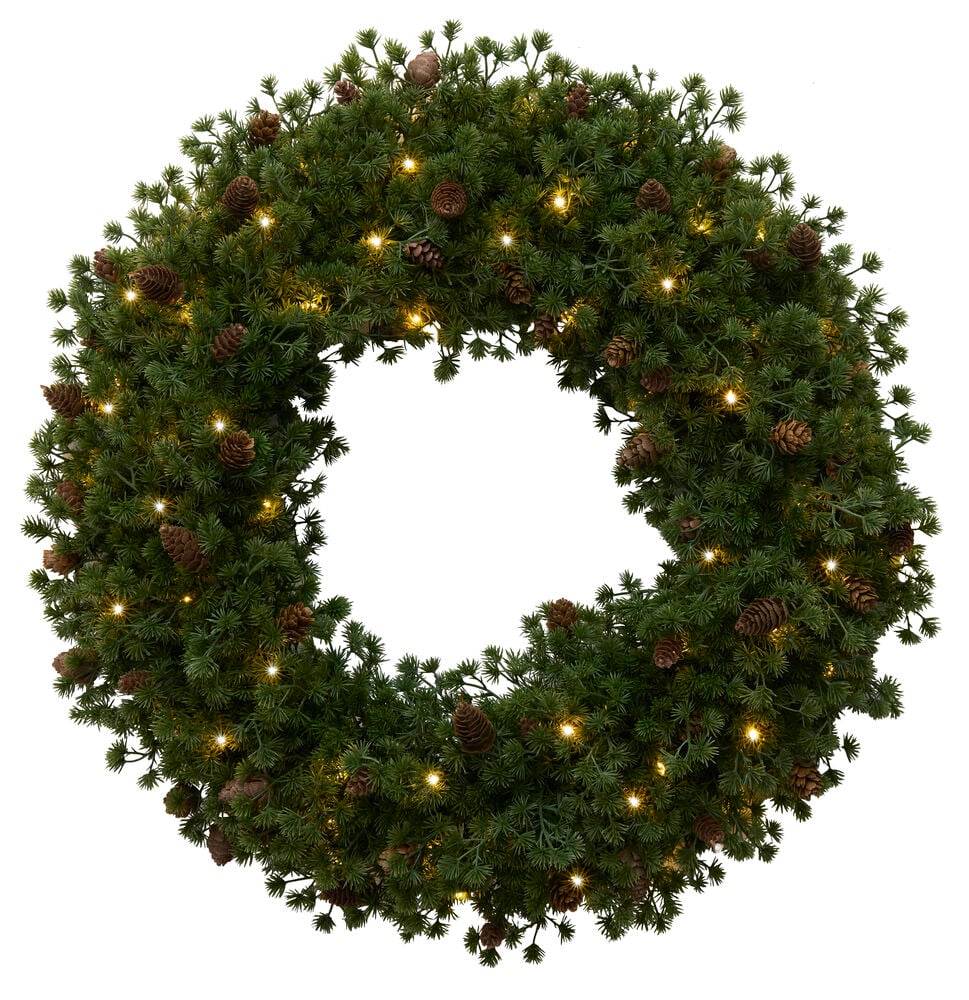 Grüner Weihnachtskranz mit Tannenzapfen und Warmweiß Batteriebetrieben mit Timer Lichtern.