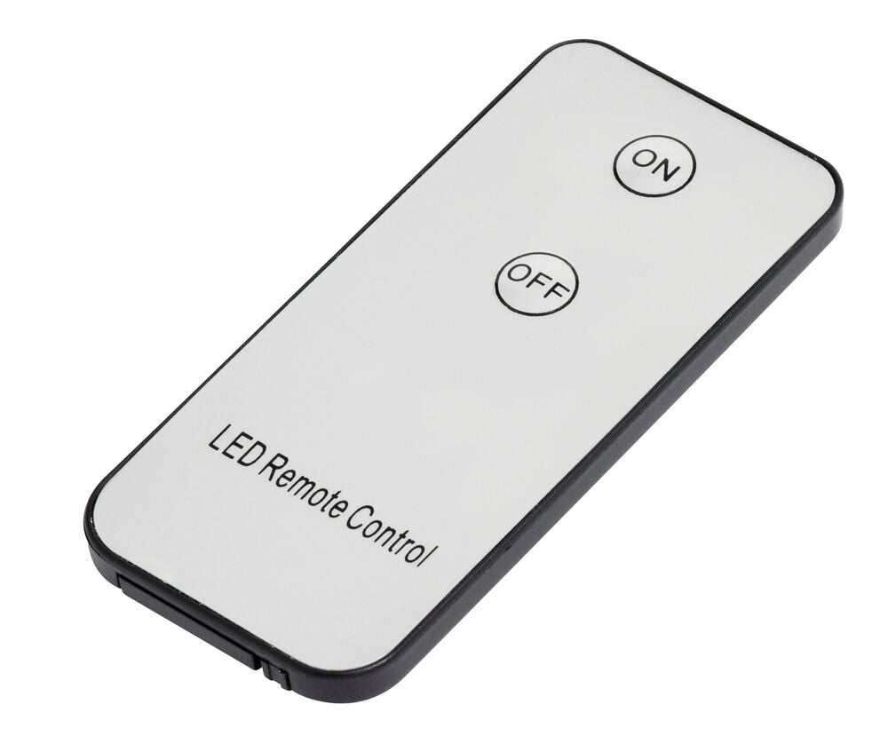 Hvit LED-fjernkontroll med svarte 'ON' og 'OFF' knapper og en svart kant.