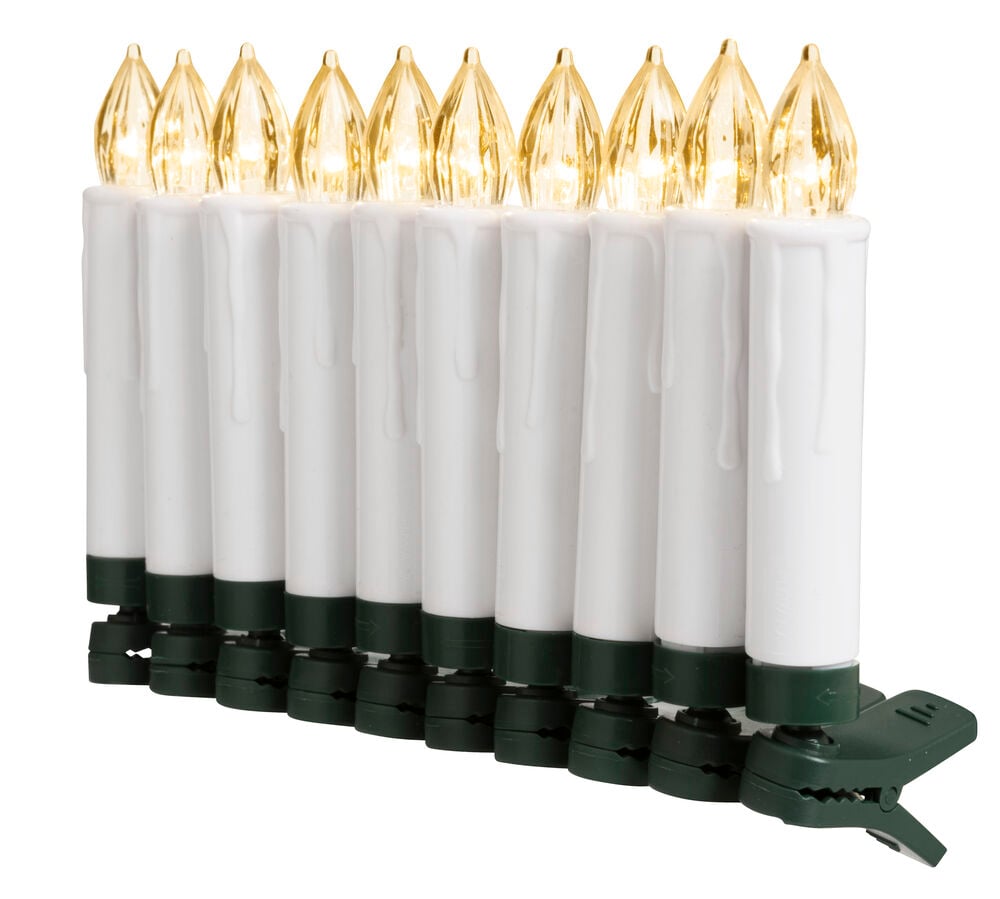 Ti trådløse varmhvite juletrelys, hvite med grønne klips, arrangert på rad.