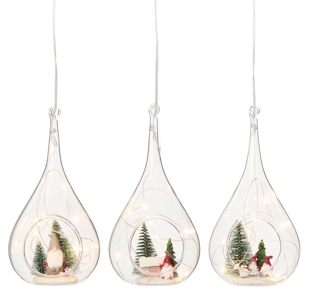 Tre hängande klara glasterrarium med jultema, Dekorationsbelysning Herrvik Varmvit Batteridriven med timer.