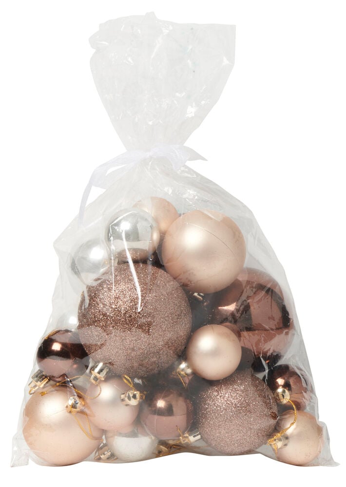 Weihnachtsbaumkugeln 25er-Pack Kupfer Plastik in einer klaren Tüte, matt, glänzend und glitzernd.
