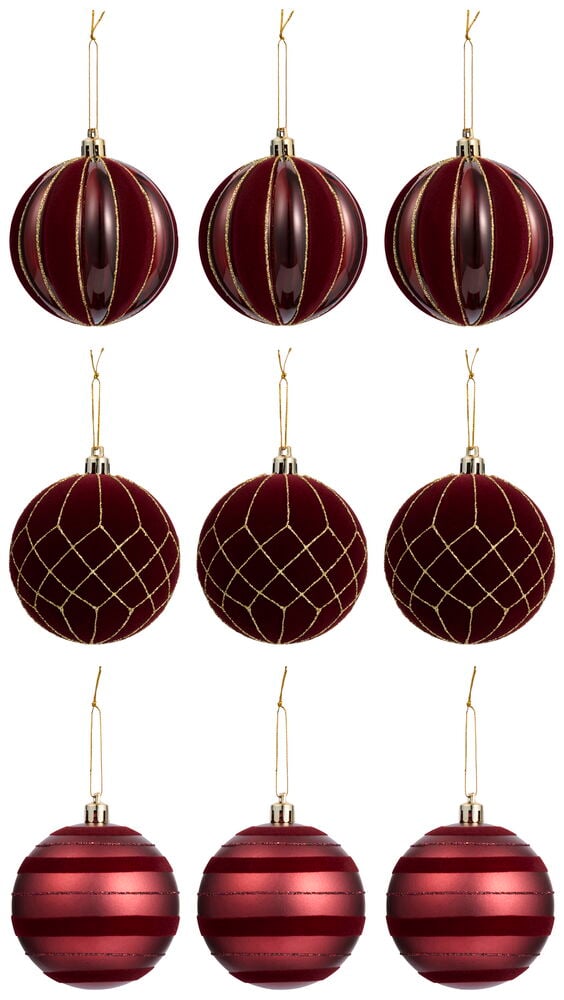 Neun rote Weihnachtsbaumkugeln Plastik Velvet, mit vertikalen, Netz und horizontalen Glitzerstreifen.