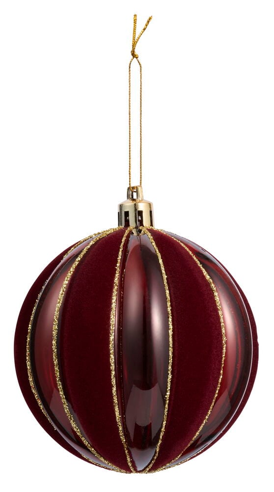 Dunkelrote segmentierte Weihnachtsbaumkugel, Samt und glänzender Kunststoff mit Goldglitzerstreifen, goldene Schnur.