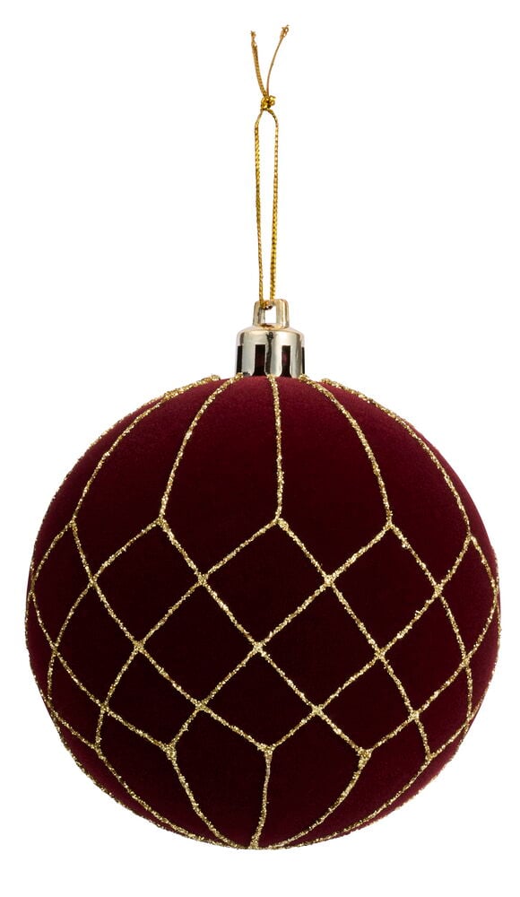Eine dunkelrote Samt-Weihnachtsbaumkugel mit goldenem Glitzer-Netzmuster, silberner Kappe und goldener Schnur.
