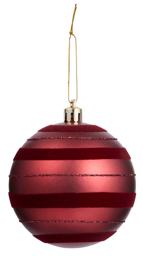 Eine runde rote Plastik-Weihnachtsbaumkugel mit horizontalen Samt- und Glitzerstreifen, an goldener Schnur.