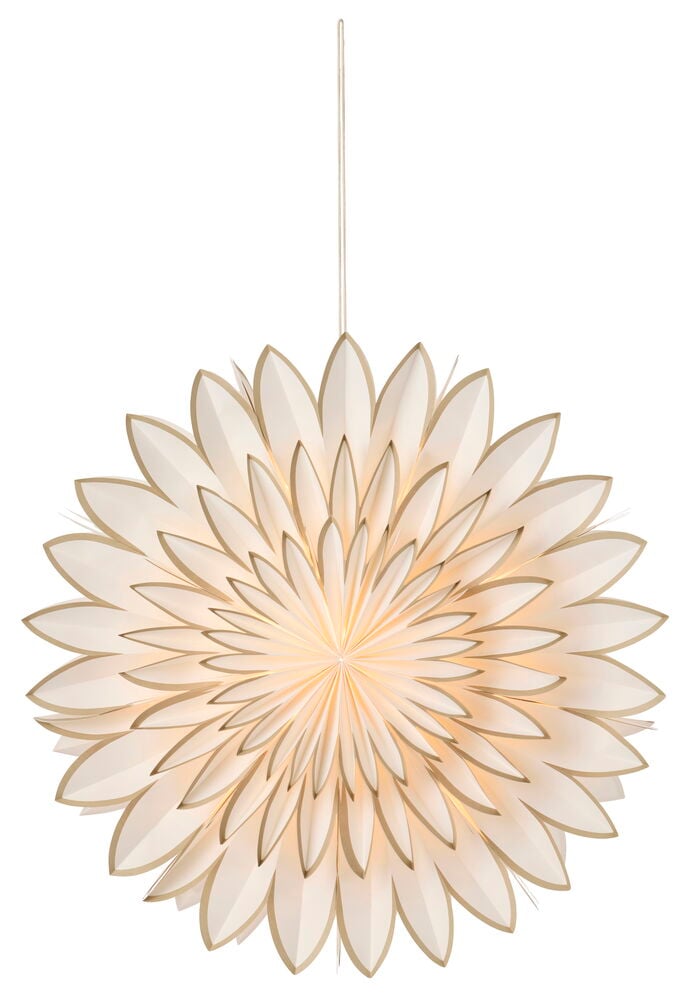 En lysende Adventsstjerne Luna 50 cm Papir med kremfargede papirblader og gylne kanter, hengende.