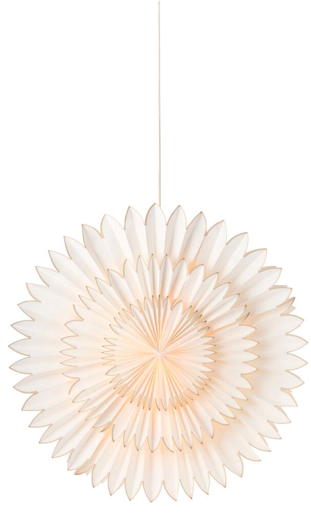 Adventsstjerne Luna Papir, en hvit lagdelt papirstjerne med plisserte og bølgede detaljer, hengende.