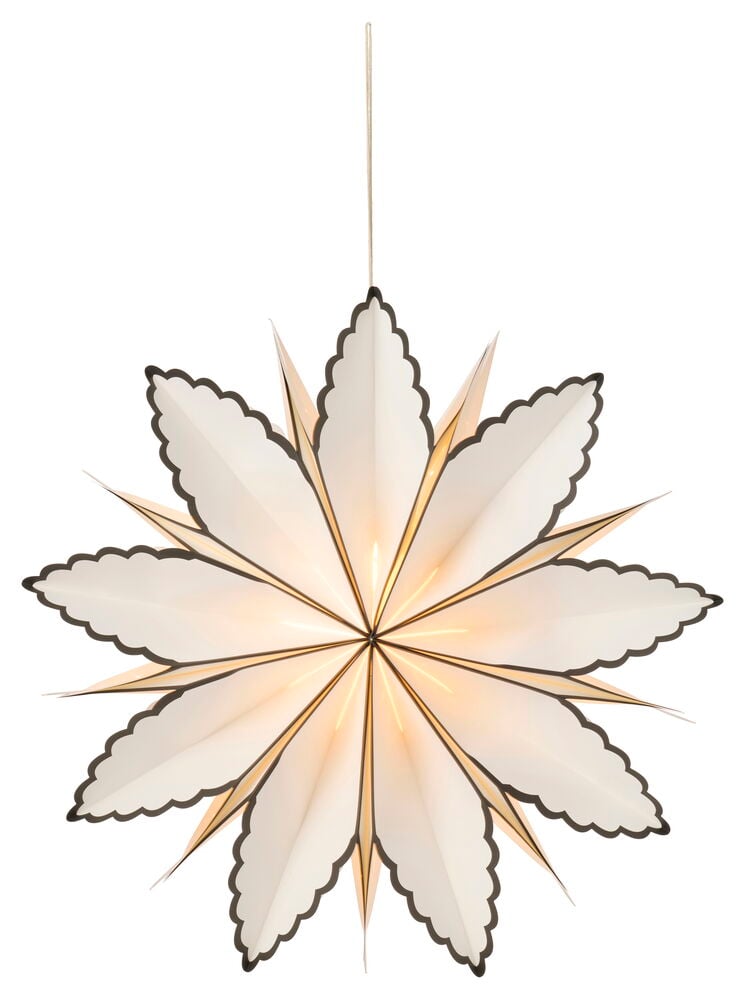 Adventsstjerne Rigel 60 cm Papir, en hvit flerspisset papirstjerne med bølgete kanter, belyst og hengende.